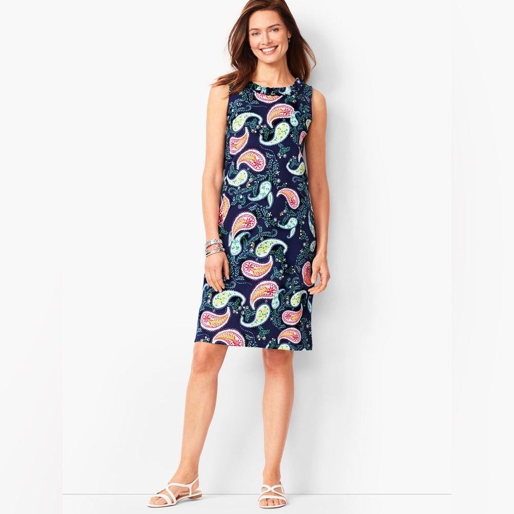 Talbots Pleat Neck Cotton Sleeveless Paisley Blue Multi Dress SZ M Classic Prep